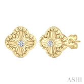 1/20 Ctw Fluted Texture Clover Bead Round Cut Diamond Bezel Set Fashion Earrings in 10K Yellow Gold